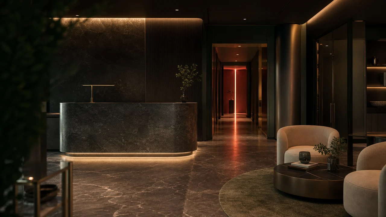 Moody high-end longevity clinic lounge used as Agewell editorial imagery