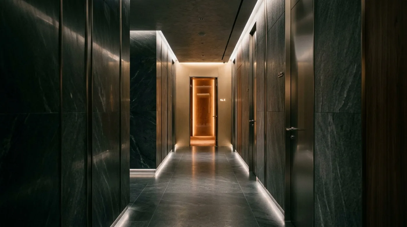 A quiet, discreet corridor inside a high-end longevity clinic at low light