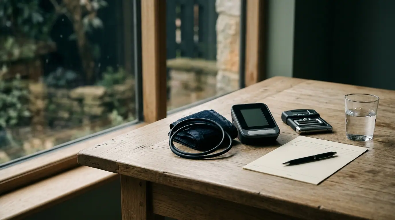 Upper-arm blood pressure cuff and monitor, a hand dynamometer and a blank lab requisition form on an oak table by a window