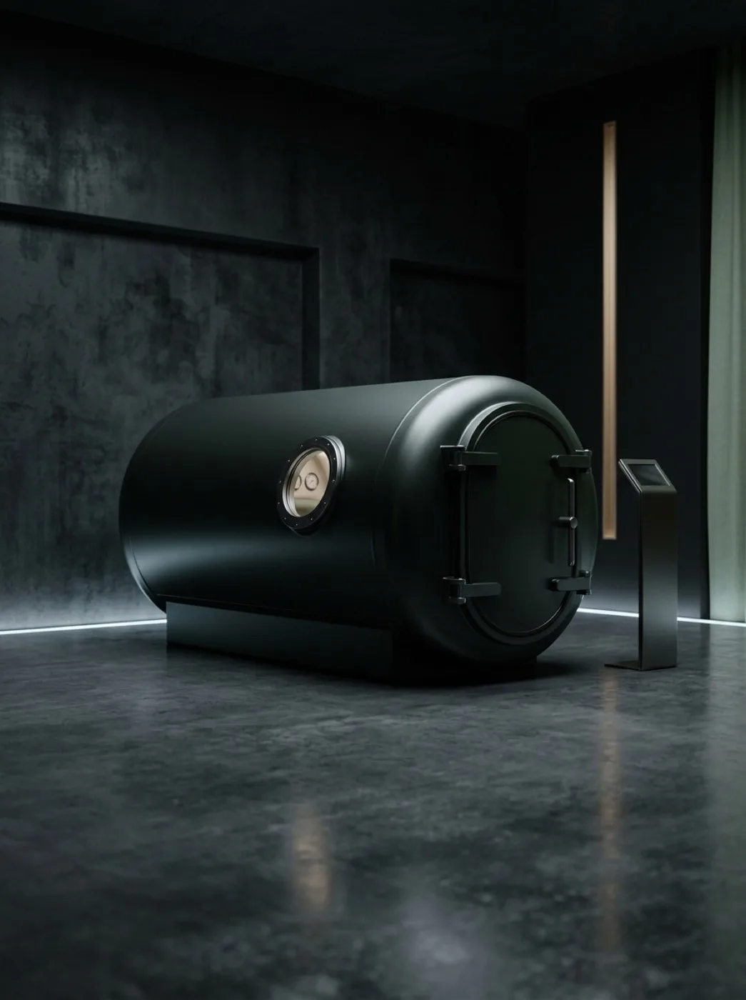 A sleek dark hyperbaric oxygen chamber in a low-lit minimalist room, no people