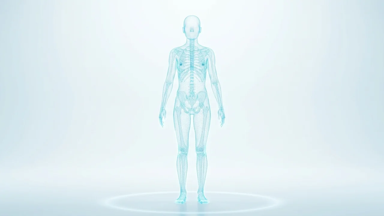 Editorial point-cloud body-scan illustration