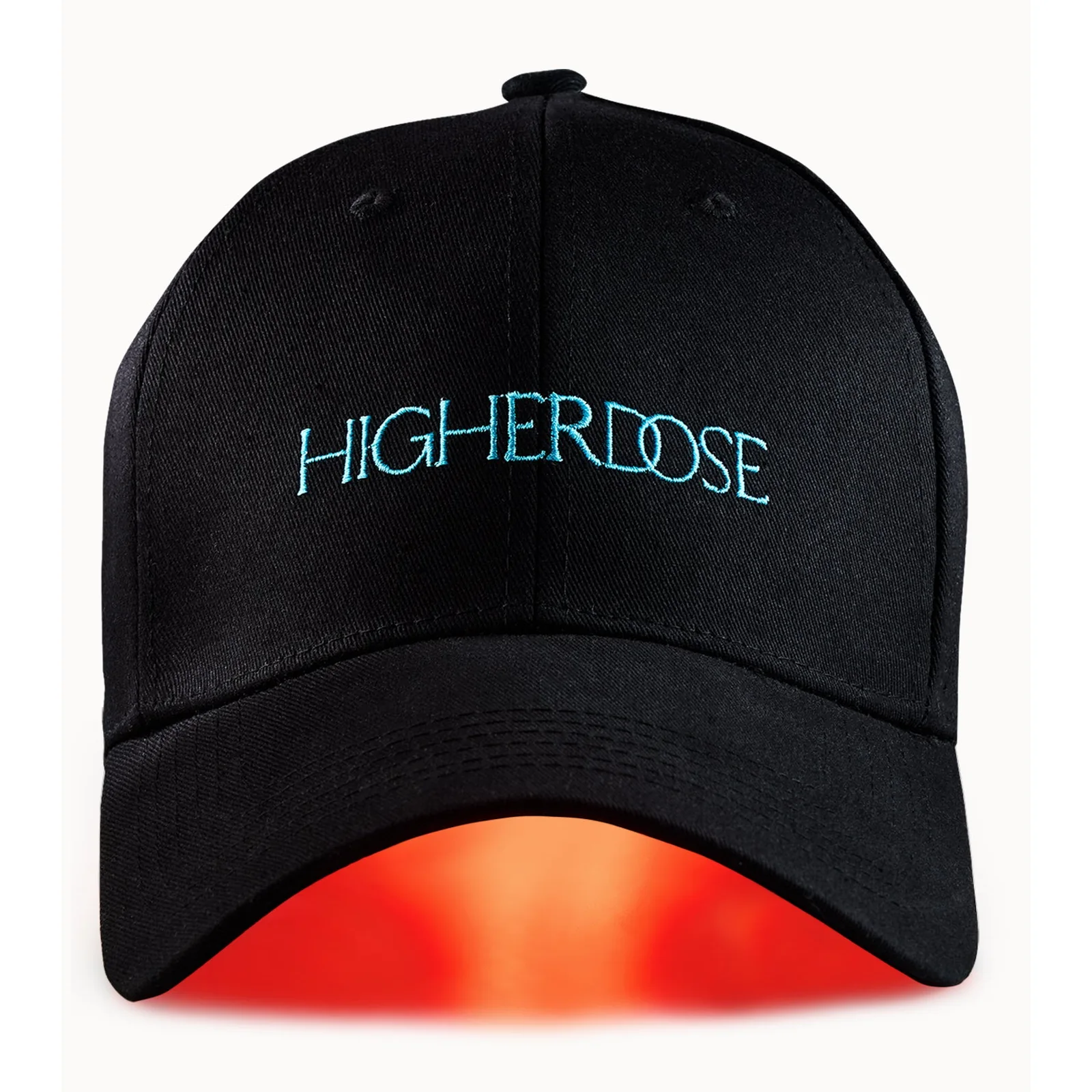 HigherDOSE Red Light Hat with the red LED light visible under the brim