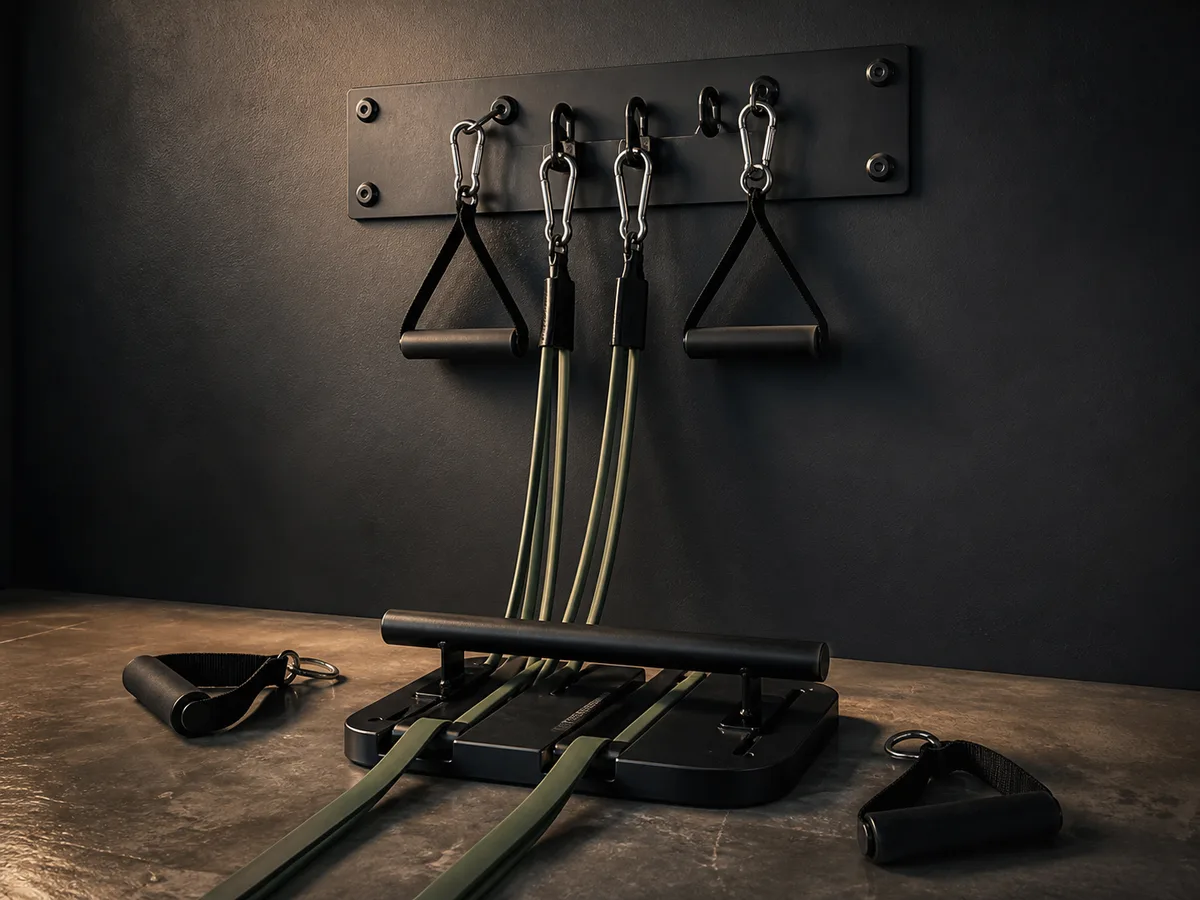 Resistance band wall anchor and floor plate in a compact home gym