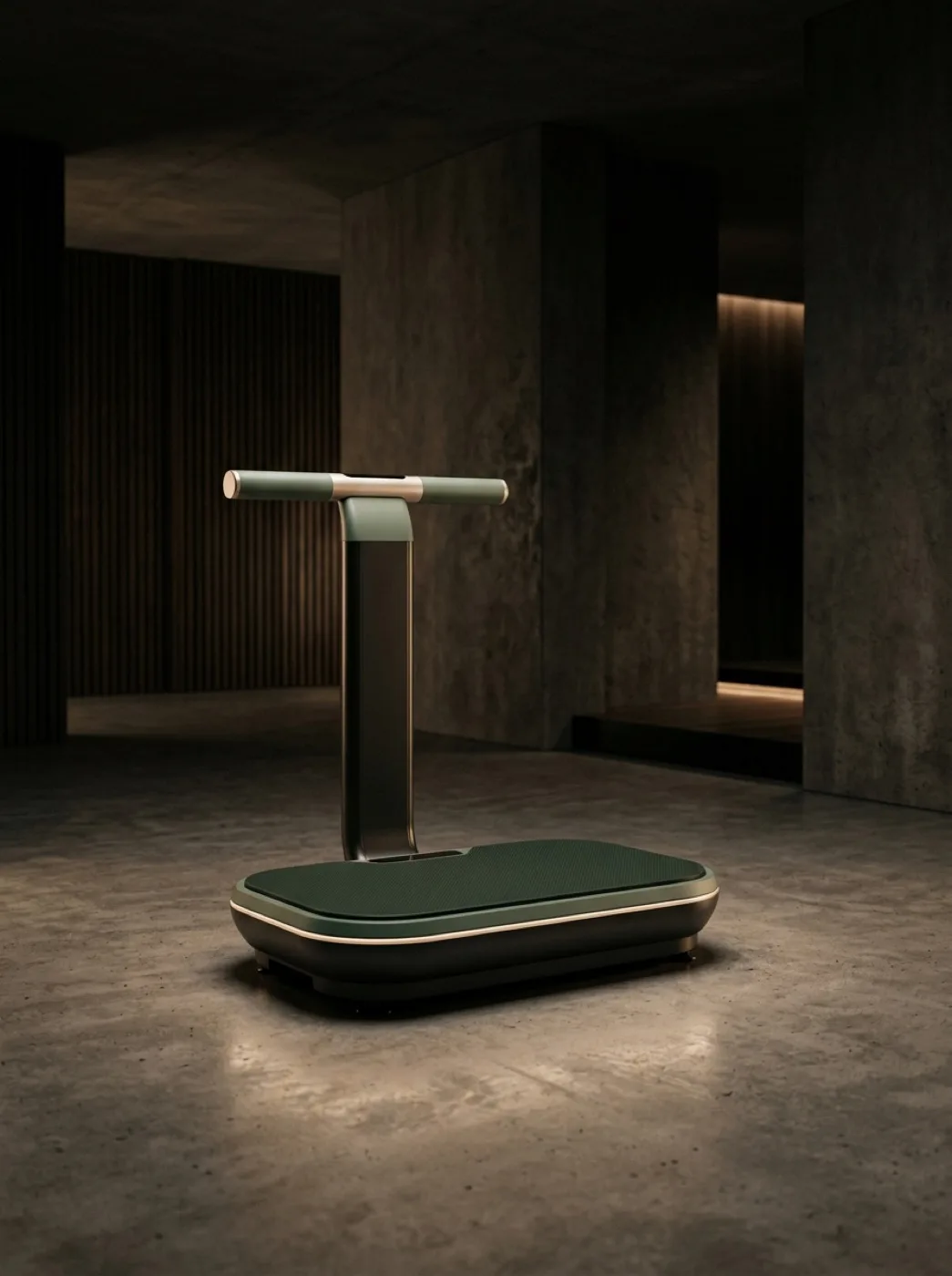A premium vibration plate platform on a concrete floor in a low-lit minimalist room, no people